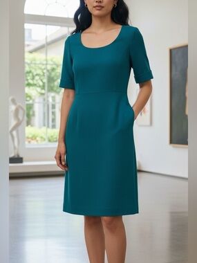 J. Crew Teal 100% Wool career Professional Shift Dress size 8 Midi Pockets